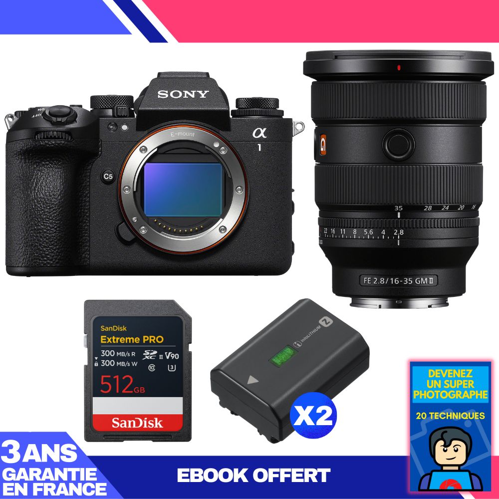 Boitier Sony alpha 1 II + FE 16 35mm f2.8 GM II + 1 SanDisk Extreme PRO UHS II SDXC + 2 Sony NP FZ100 + Ebook 'Devenez Un Super Photographe - vue 3