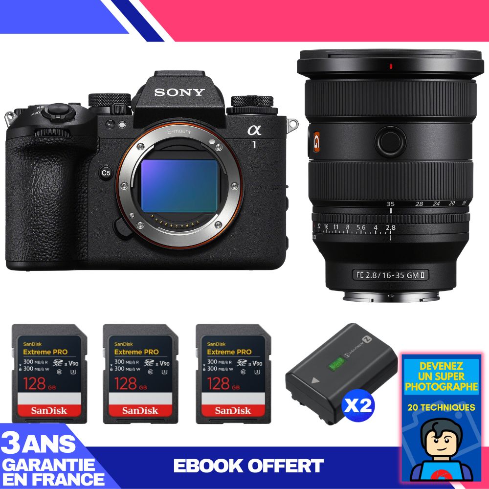 Boitier Sony alpha 1 II + FE 16 35mm f2.8 GM II + 3 SanDisk Extreme PRO UHS II SDXC + 2 Sony NP FZ100 + Ebook 'Devenez Un Super Photographe