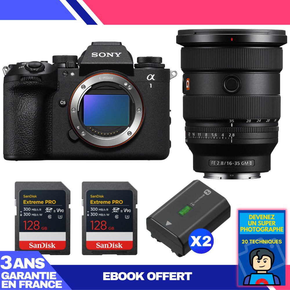 Boitier Sony alpha 1 II + FE 16 35mm f2.8 GM II + 2 SanDisk Extreme PRO UHS II SDXC + 2 Sony NP FZ100 + Ebook 'Devenez Un Super Photographe - vue 3