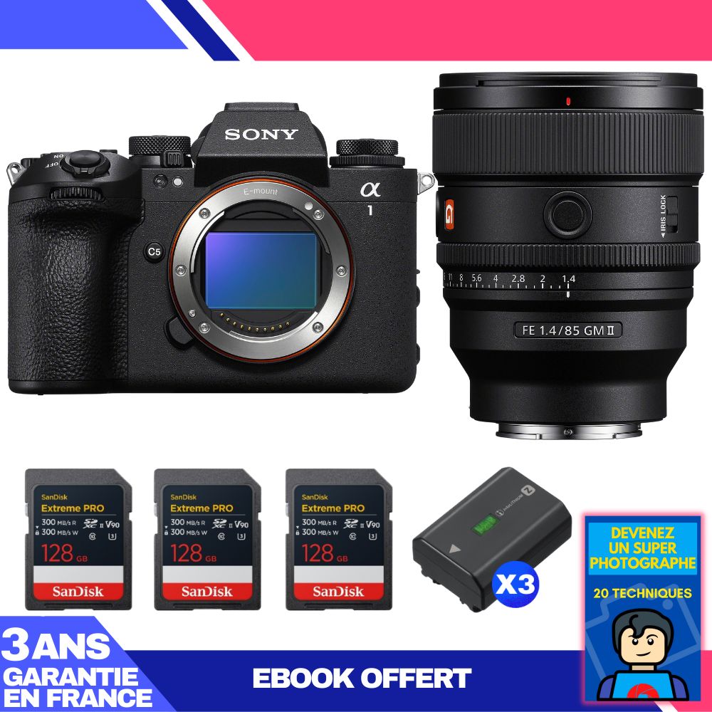 Boitier Sony alpha 1 II + FE 85mm f1.4 GM II + 3 SanDisk Extreme PRO UHS II SDXC + 3 Sony NP FZ100 + Ebook 'Devenez Un Super Photographe