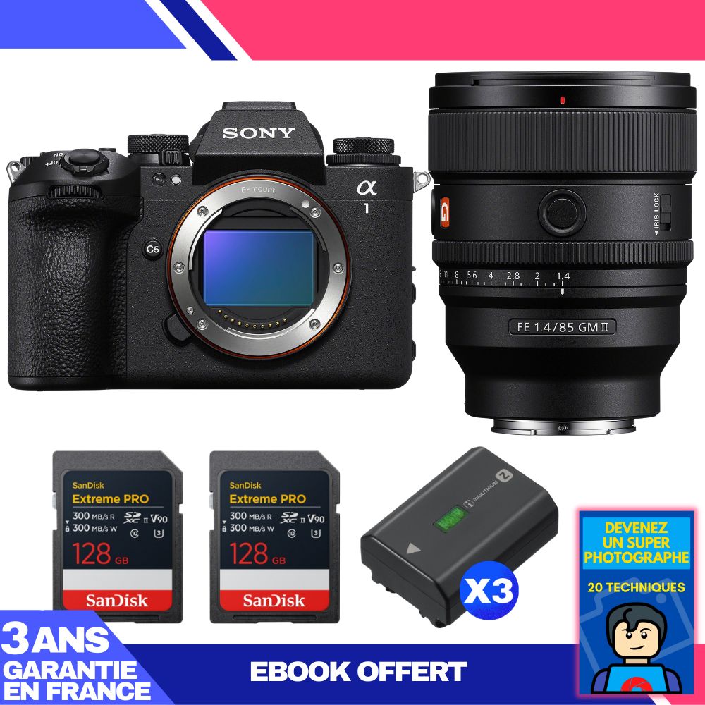 Boitier Sony alpha 1 II + FE 85mm f1.4 GM II + 2 SanDisk Extreme PRO UHS II SDXC + 3 Sony NP FZ100 + Ebook 'Devenez Un Super Photographe