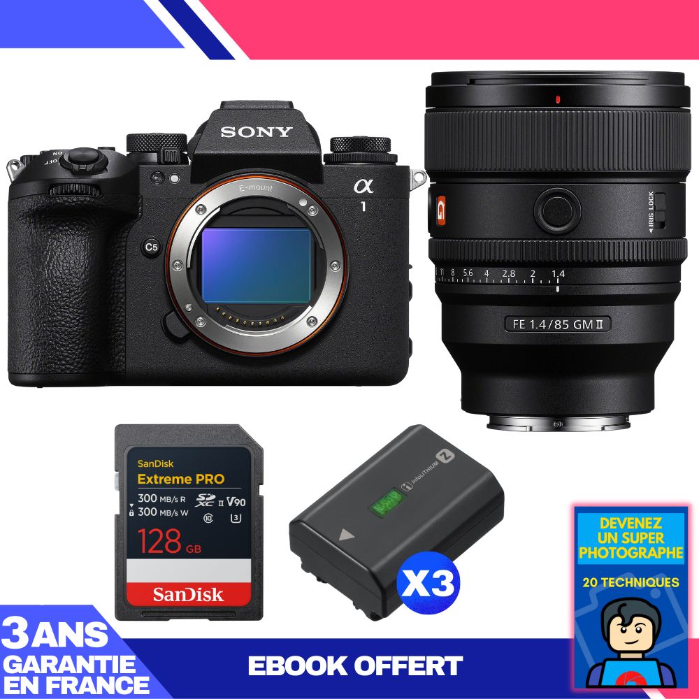 Boitier Sony alpha 1 II + FE 85mm f1.4 GM II + 1 SanDisk Extreme PRO UHS II SDXC + 3 Sony NP FZ100 + Ebook 'Devenez Un Super Photographe - vue 2