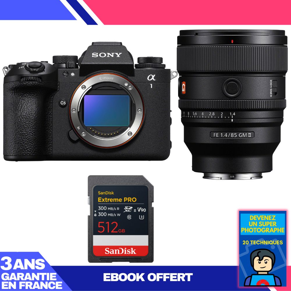 Boitier Sony alpha 1 II + FE 85mm f1.4 GM II + 1 SanDisk Extreme PRO UHS II SDXC + Ebook 'Devenez Un Super Photographe