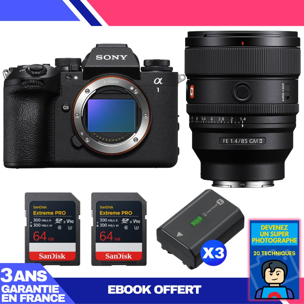 Boitier Sony alpha 1 II + FE 85mm f1.4 GM II + 2 SanDisk Extreme PRO UHS II SDXC + 3 Sony NP FZ100 + Ebook 'Devenez Un Super Photographe - vue 2