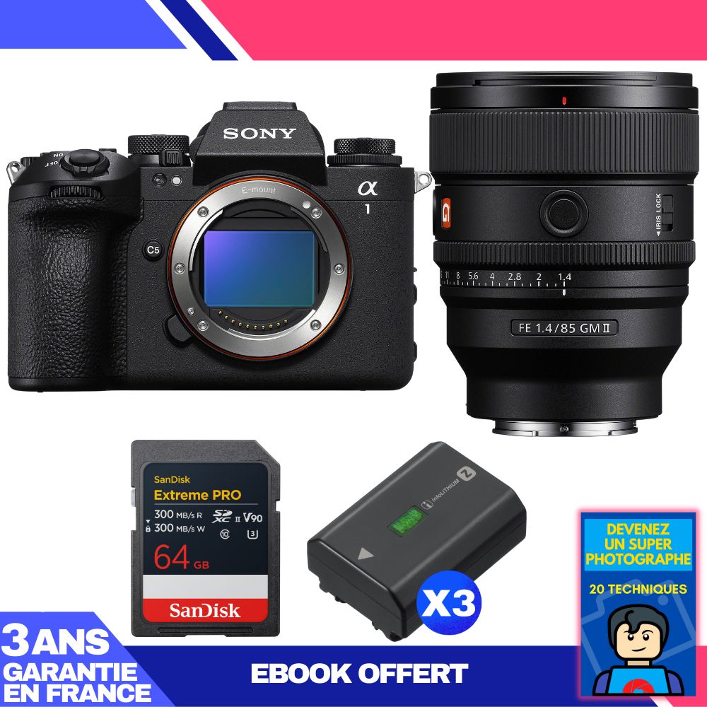 Boitier Sony alpha 1 II + FE 85mm f1.4 GM II + 1 SanDisk Extreme PRO UHS II SDXC + 3 Sony NP FZ100 + Ebook 'Devenez Un Super Photographe - vue 3
