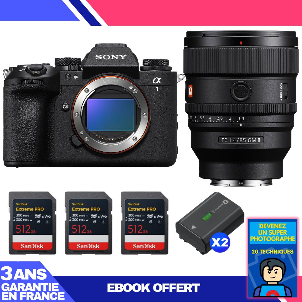 Boitier Sony alpha 1 II + FE 85mm f1.4 GM II + 3 SanDisk Extreme PRO UHS II SDXC + 2 Sony NP FZ100 + Ebook 'Devenez Un Super Photographe - vue 3