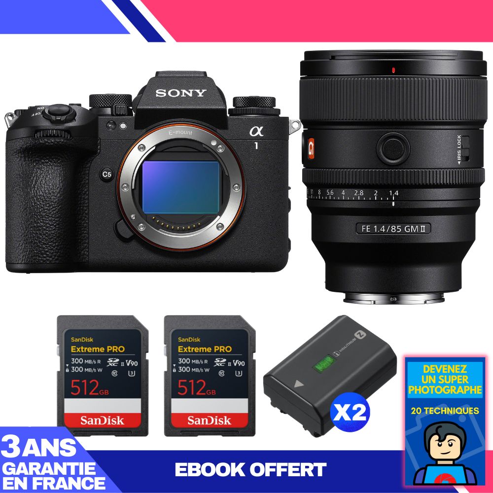 Boitier Sony alpha 1 II + FE 85mm f1.4 GM II + 2 SanDisk Extreme PRO UHS II SDXC + 2 Sony NP FZ100 + Ebook 'Devenez Un Super Photographe - vue 3