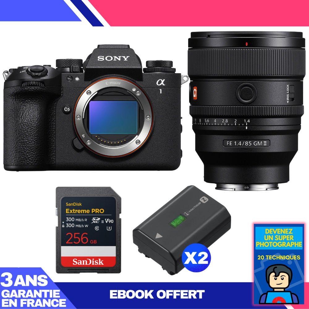 Boitier Sony alpha 1 II + FE 85mm f1.4 GM II + 1 SanDisk Extreme PRO UHS II SDXC + 2 Sony NP FZ100 + Ebook 'Devenez Un Super Photographe