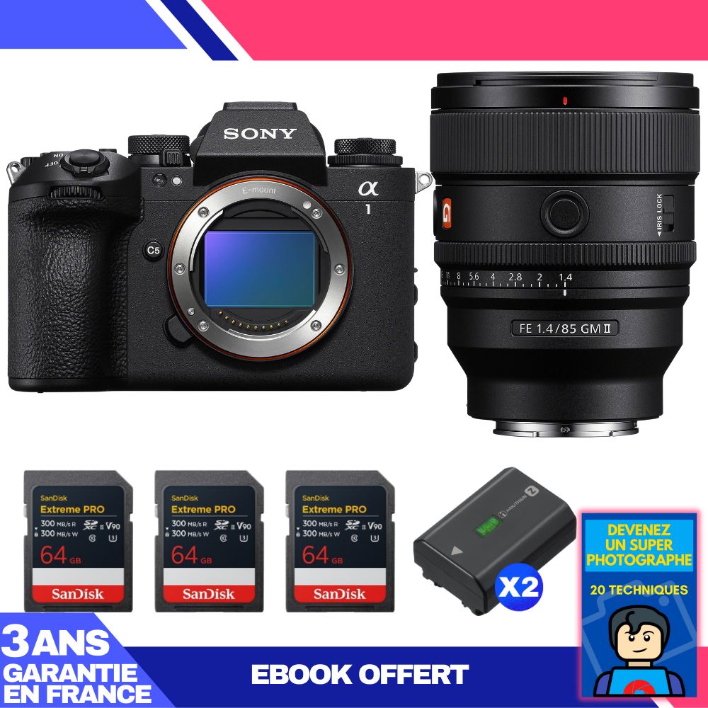 Boitier Sony alpha 1 II + FE 85mm f1.4 GM II + 3 SanDisk Extreme PRO UHS II SDXC + 2 Sony NP FZ100 + Ebook 'Devenez Un Super Photographe