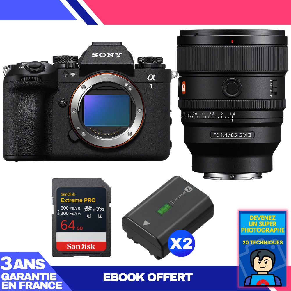 Boitier Sony alpha 1 II + FE 85mm f1.4 GM II + 1 SanDisk Extreme PRO UHS II SDXC + 2 Sony NP FZ100 + Ebook 'Devenez Un Super Photographe - vue 2