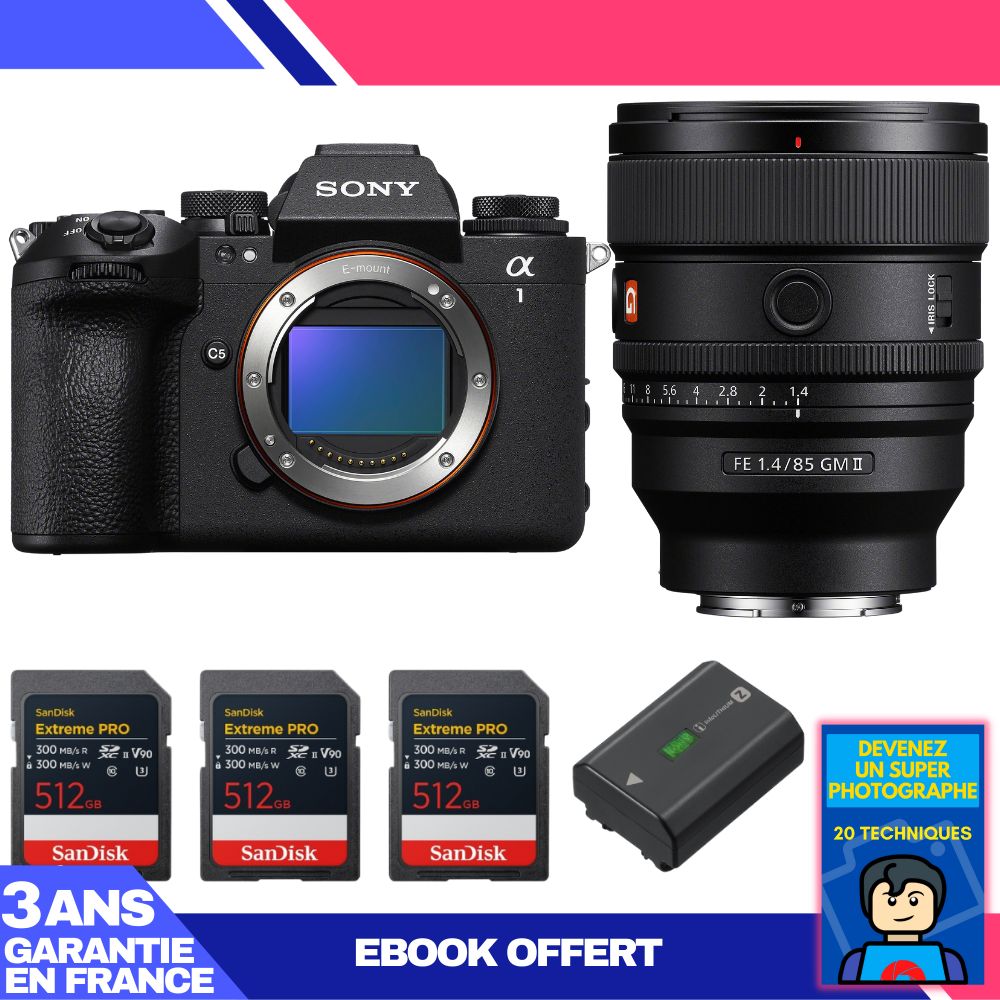 Boitier Sony alpha 1 II + FE 85mm f1.4 GM II + 3 SanDisk Extreme PRO UHS II SDXC + Sony NP FZ100 + Ebook 'Devenez Un Super Photographe
