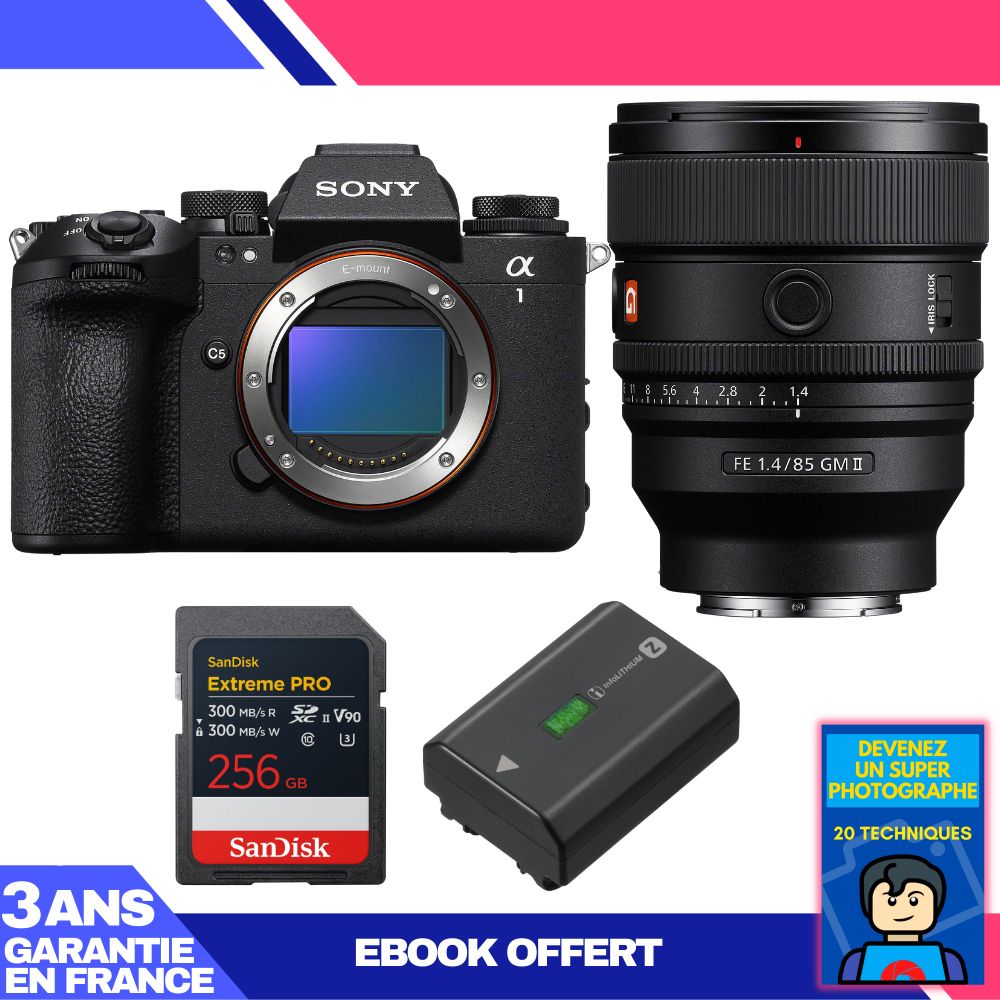 Boitier Sony alpha 1 II + FE 85mm f1.4 GM II + 1 SanDisk Extreme PRO UHS II SDXC + Sony NP FZ100 + Ebook 'Devenez Un Super Photographe