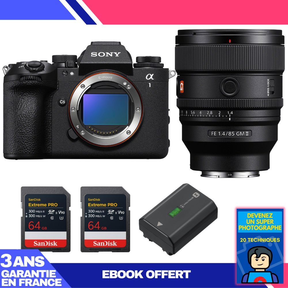 Boitier Sony alpha 1 II + FE 85mm f1.4 GM II + 2 SanDisk Extreme PRO UHS II SDXC + Sony NP FZ100 + Ebook 'Devenez Un Super Photographe
