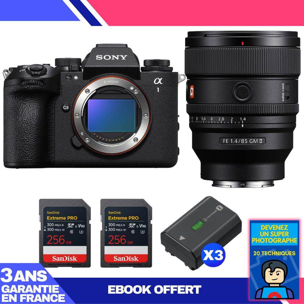 Boitier Sony alpha 1 II + FE 85mm f1.4 GM II + 2 SanDisk Extreme PRO UHS II SDXC + 3 Sony NP FZ100 + Ebook 'Devenez Un Super Photographe - vue 3