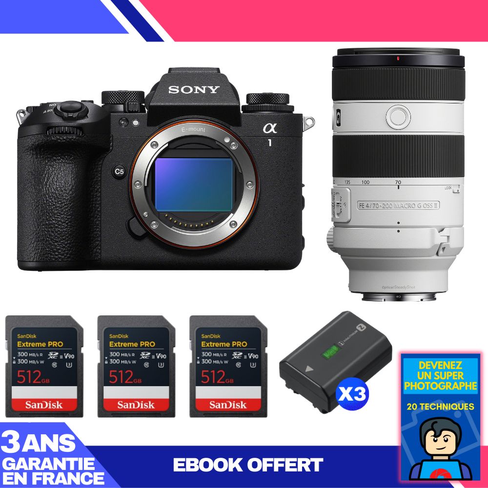 Boitier Sony alpha 1 II + FE 70 200mm f4 Macro G OSS II + 3 SanDisk Extreme PRO UHS II SDXC + 3 Sony NP FZ100 + Ebook 'Devenez Un Super Photographe