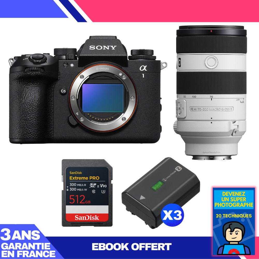 Boitier Sony alpha 1 II + FE 70 200mm f4 Macro G OSS II + 1 SanDisk Extreme PRO UHS II SDXC + 3 Sony NP FZ100 + Ebook 'Devenez Un Super Photographe