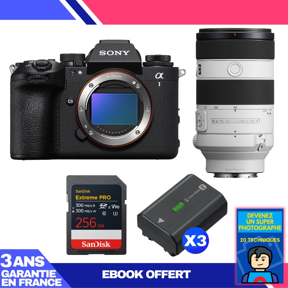 Boitier Sony alpha 1 II + FE 70 200mm f4 Macro G OSS II + 1 SanDisk Extreme PRO UHS II SDXC + 3 Sony NP FZ100 + Ebook 'Devenez Un Super Photographe - vue 3