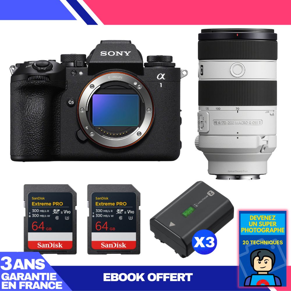 Boitier Sony alpha 1 II + FE 70 200mm f4 Macro G OSS II + 2 SanDisk Extreme PRO UHS II SDXC + 3 Sony NP FZ100 + Ebook 'Devenez Un Super Photographe