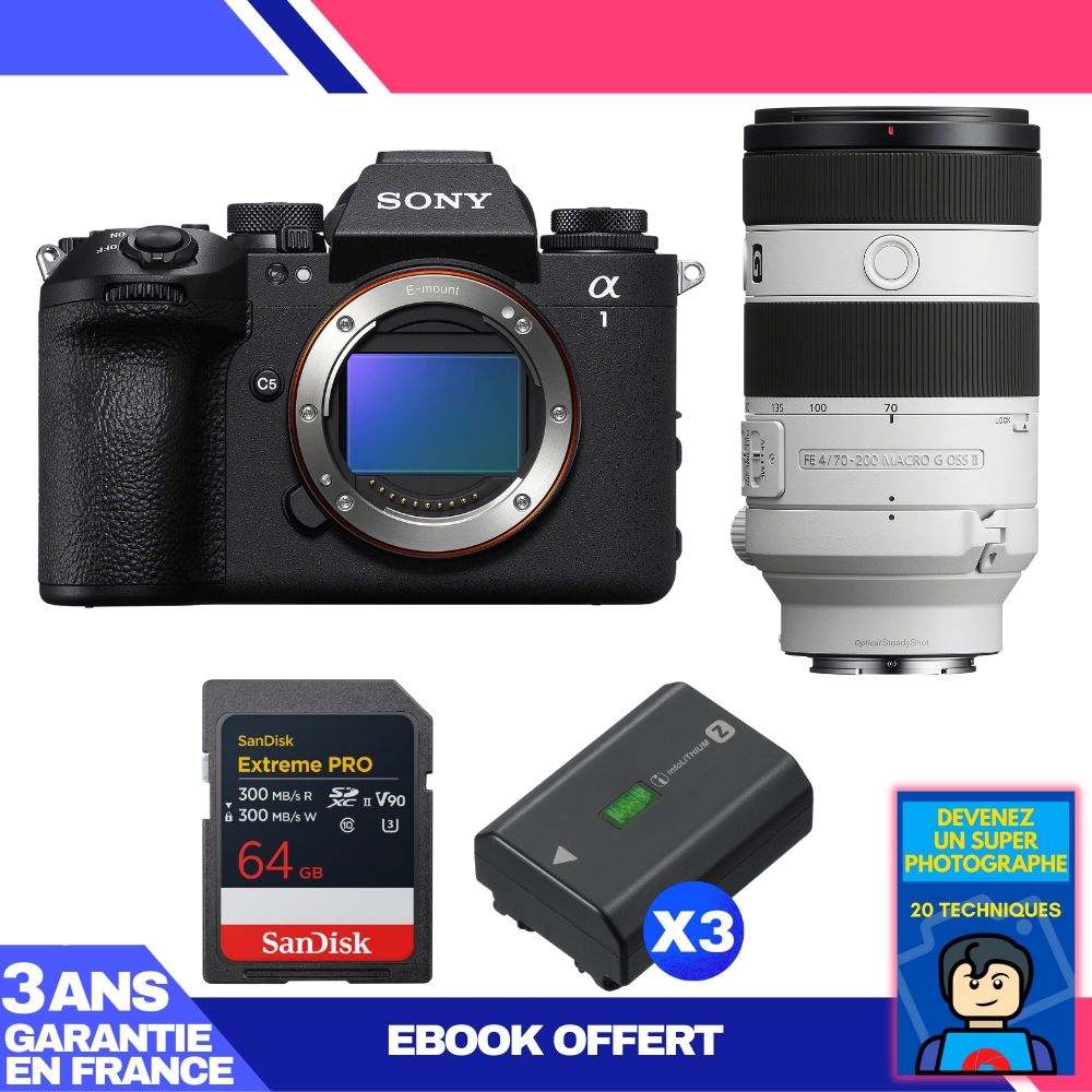 Boitier Sony alpha 1 II + FE 70 200mm f4 Macro G OSS II + 1 SanDisk Extreme PRO UHS II SDXC + 3 Sony NP FZ100 + Ebook 'Devenez Un Super Photographe - vue 2