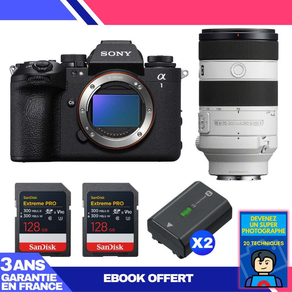 Boitier Sony alpha 1 II + FE 70 200mm f4 Macro G OSS II + 2 SanDisk Extreme PRO UHS II SDXC + 2 Sony NP FZ100 + Ebook 'Devenez Un Super Photographe