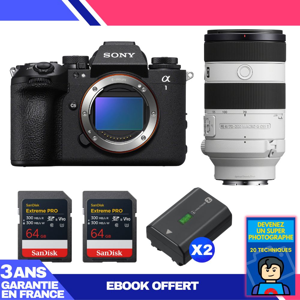 Boitier Sony alpha 1 II + FE 70 200mm f4 Macro G OSS II + 2 SanDisk Extreme PRO UHS II SDXC + 2 Sony NP FZ100 + Ebook 'Devenez Un Super Photographe - vue 3