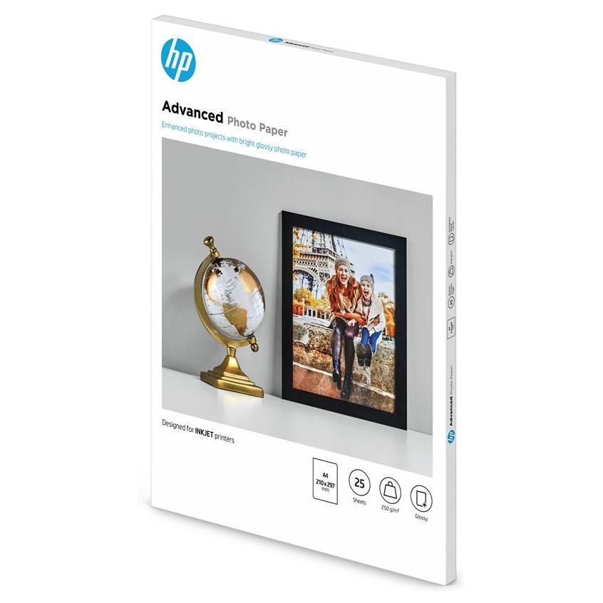HP Advanced Glossy Photo Paper - Brillant - A4 (210 x 297 mm) - 250 g/m² - 25 feuille(s) papier photo - pour ENVY 50XX; Officejet 52XX, 80XX; Photosmart B110, Wireless B110