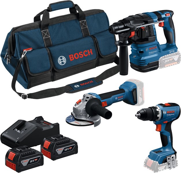 Set de 3 outils 18 V : GSR + GWS + GBH + 2 batteries GBA 18V 4.0 Ah + GAL 18V 40 Professional BOSCH 0615A50094