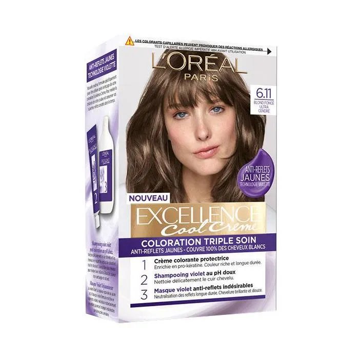 Coloration 6.11 Blond Ultra Cendré Triple Soin Anti reflets Jaunes Excellence 'oreal Paris La Boîte - vue 2