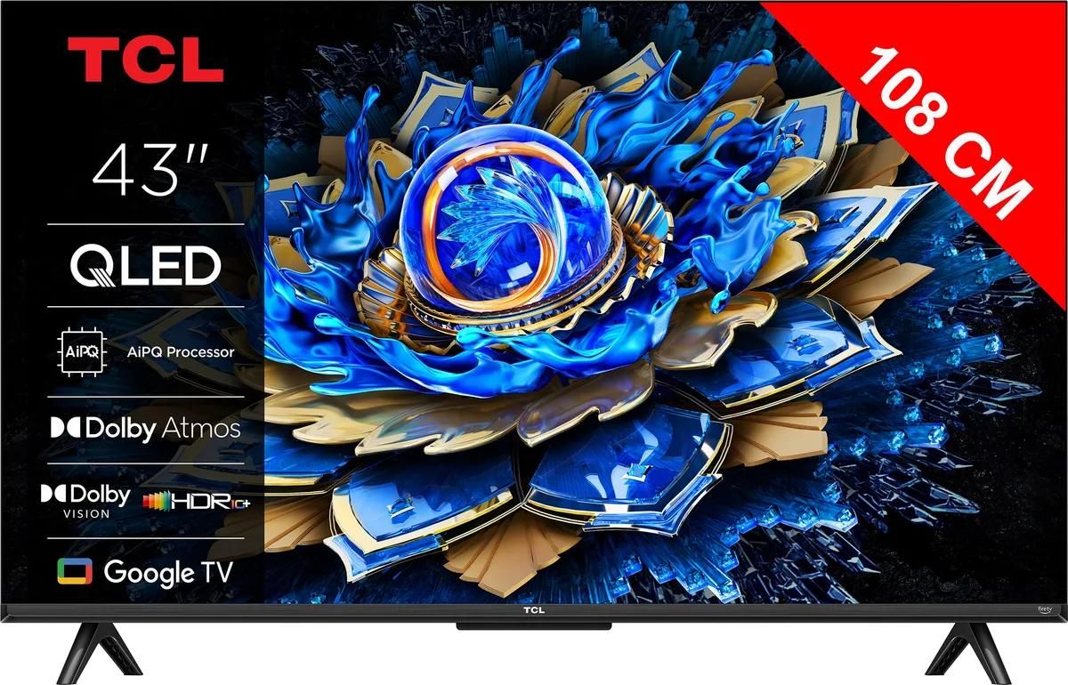 TCL 43T69C 43 pouces QLED TV LED directe 4K HDR Smart Google TV Dolby Vision & Atmos Game Master Motion Clarity compatible avec Google Assistant et Alexa