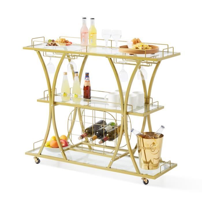 Desserte Bar - VEVOR - Chariot de Rangement Chariot de Service en Acier et Verre Trempé 3 Étages 82 kg