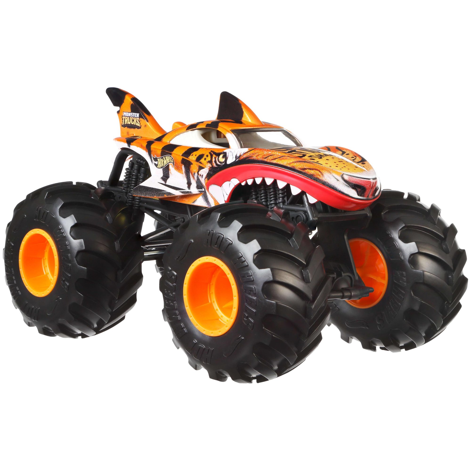 Hot Wheels Monster Trucks Véhicule Tiger Shark surdimensionné à ’échelle 124 avec Roues géantes et Superbes décorations JDR02