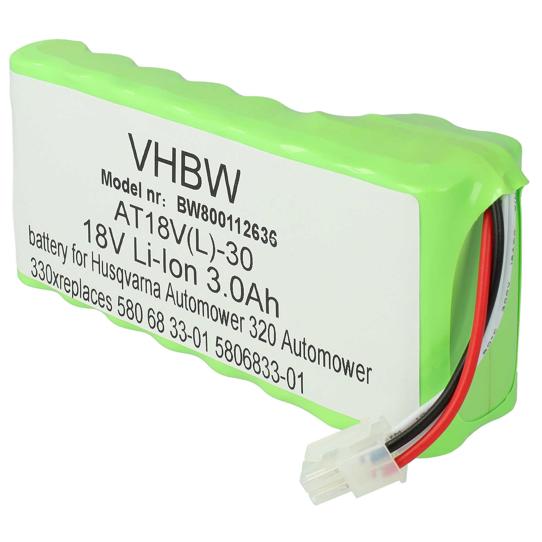 vhbw Bloc de batteries compatible avec Husqvarna Automower 320 2013, 320 2014, 320 2015, 330X 2013, 330X 2014, 330X 2015 3000mAh, 18V, Li-ion