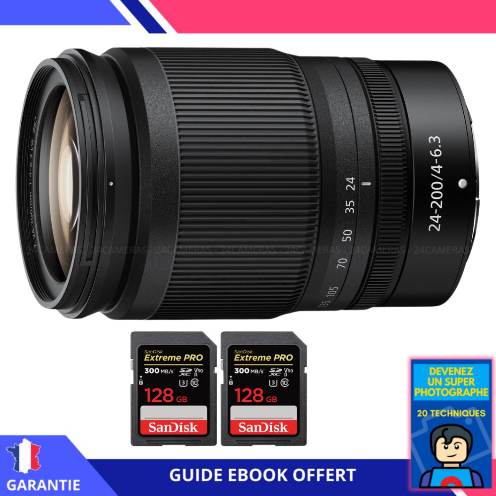 Nikon Z 24 200mm f4 6.3 VR + 2 SanDisk UHS II 300 MB/ + Ebook 'Devenez Un Super Photographe' Objectif Nikon Z pour Nikon Hybride