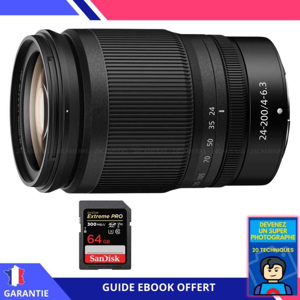 Nikon Z 24 200mm f4 6.3 VR + 1 SanDisk UHS II 300 MB/ + Ebook 'Devenez Un Super Photographe' Objectif Nikon Z pour Nikon Hybride