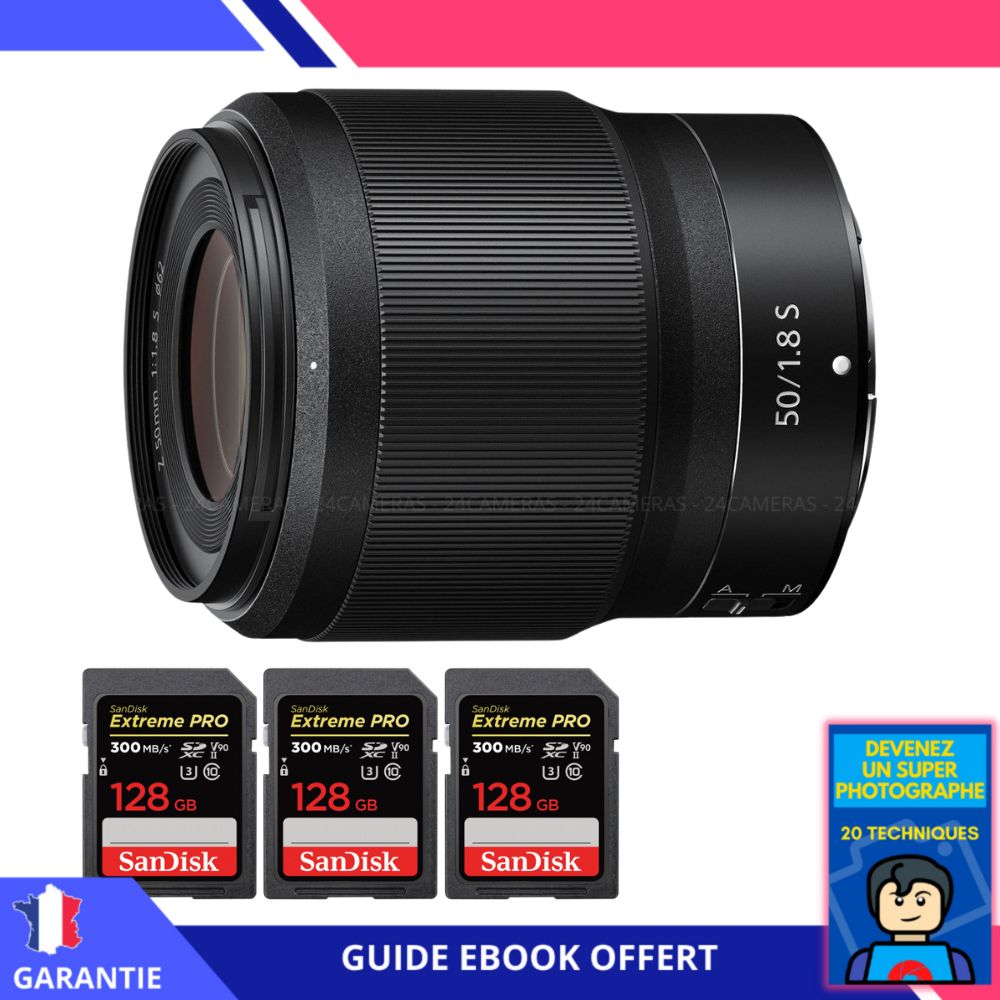 Nikon Z 50mm f1.8 + 3 SanDisk UHS II 300 MB/ + Ebook 'Devenez Un Super Photographe' Objectif Nikon Z pour Nikon Hybride
