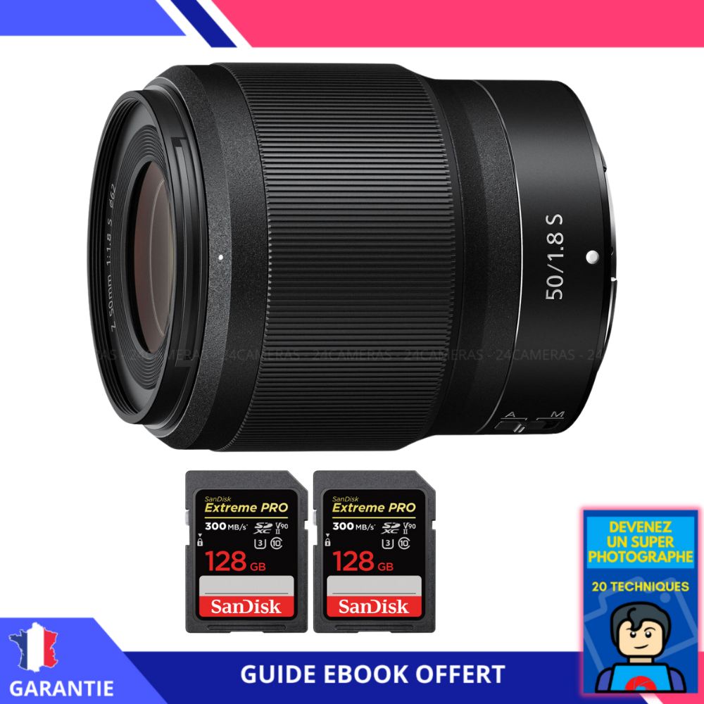 Nikon Z 50mm f1.8 + 2 SanDisk UHS II 300 MB/ + Ebook 'Devenez Un Super Photographe' Objectif Nikon Z pour Nikon Hybride