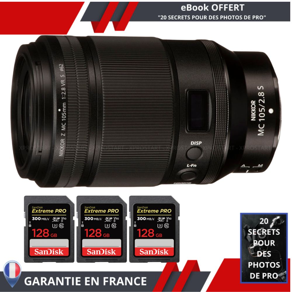 Nikon Z MC 105mm f2.8 VR Macro + 3 SanDisk UHS II 300 MB/ + Ebook 'Devenez Un Super Photographe' Objectif Nikon Z pour Nikon Hybride