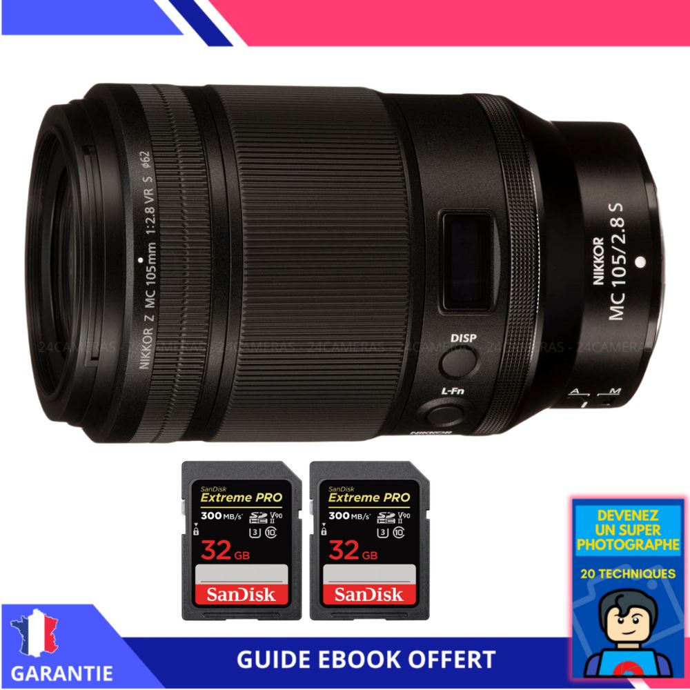 Nikon Z MC 105mm f2.8 VR Macro + 2 SanDisk UHS II 300 MB/ + Ebook 'Devenez Un Super Photographe' Objectif Nikon Z pour Nikon Hybride