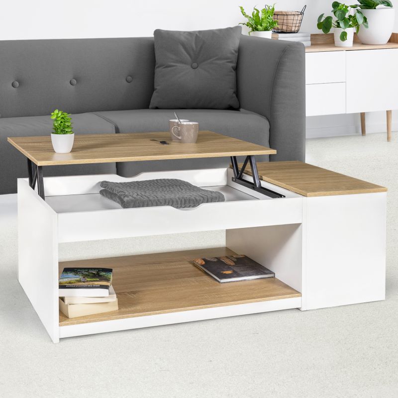 Table Basse Plateau Relevable Elea Avec Coffre Bois Blanc Et Façon Hêtre