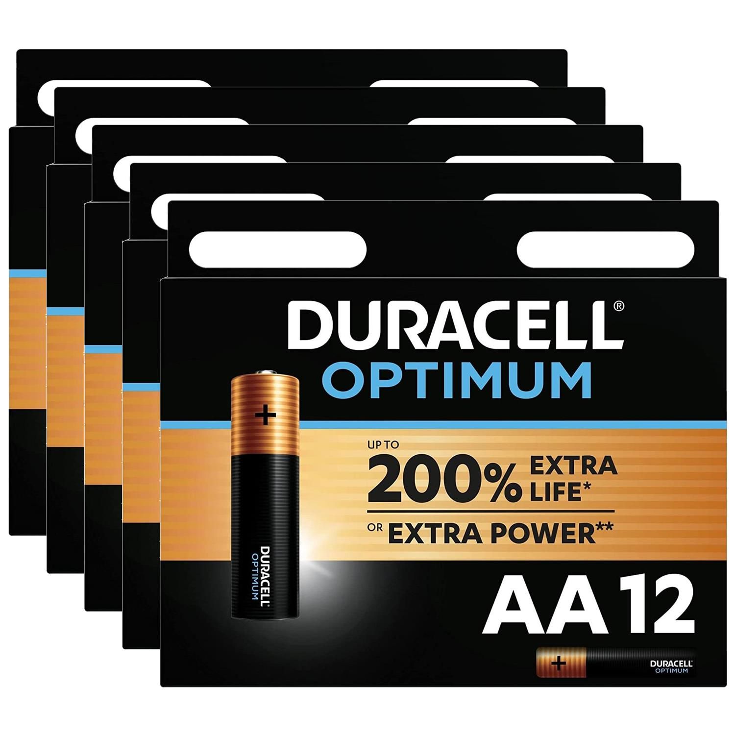 Duracell Lot de 5 Packs 12 Piles Alcalines Optimum MN1500 AA LR6 200% ExtraLife
