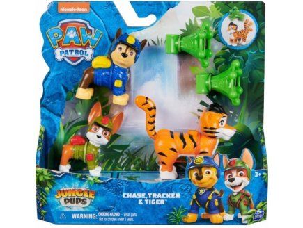Coffret Pat Patrouille Jungle : Chien Tracker + Chase + Tigre + 2 Accessoires + 1 Carte Animal Set Figurine