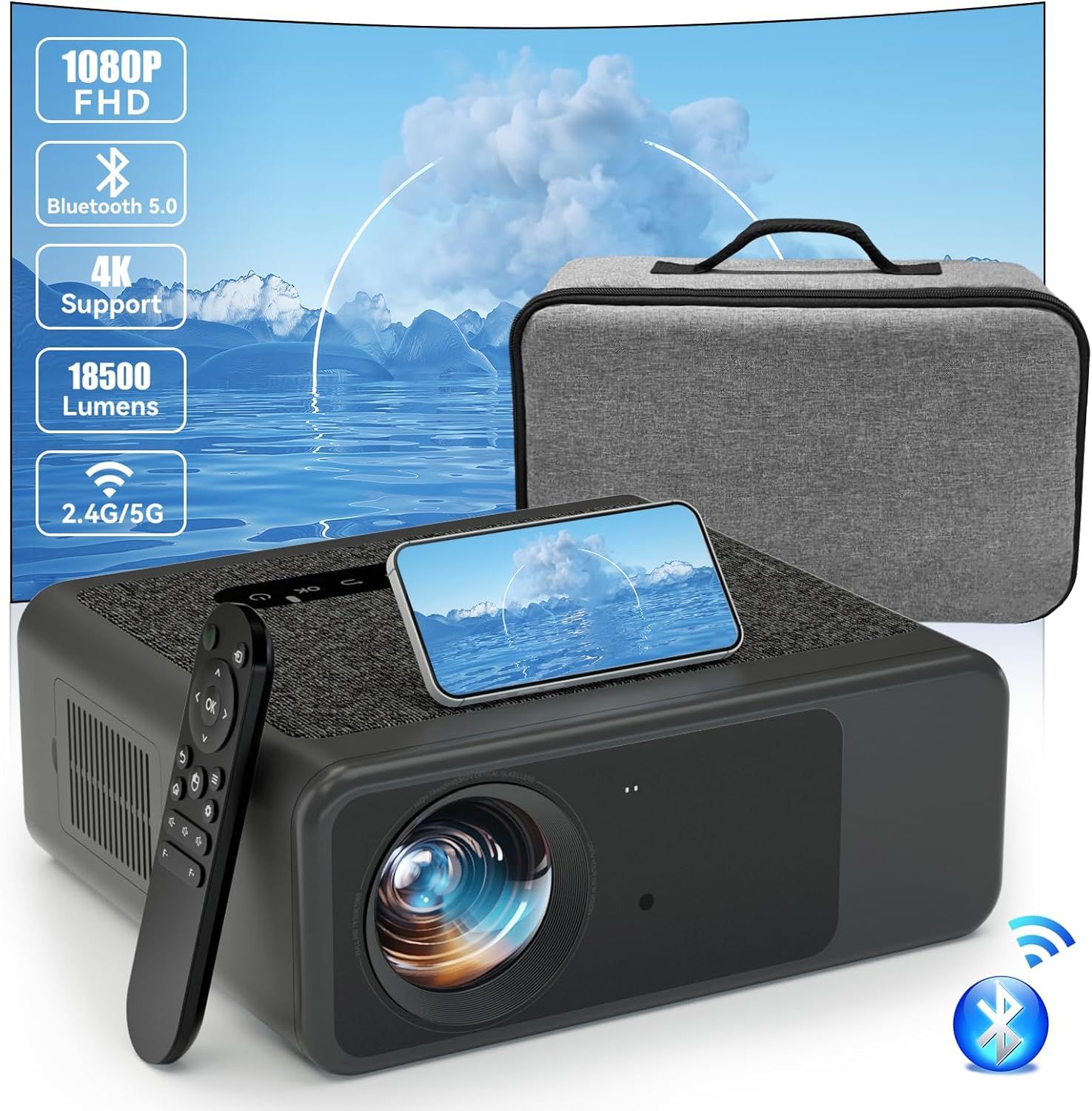 Vidéoprojecteur 5G WiFi Bluetooth, Keystone, Projecteur 4K Portable, Full HD 1080P, 18500 L, Rétroprojecteur Home Cinéma 300", Compatible avec TV Stick, iOS, Android, Switch