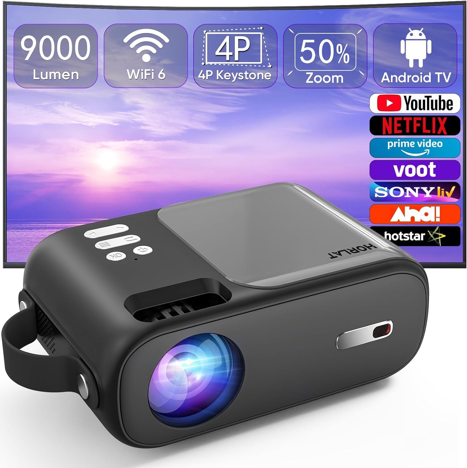 Noir brillant Mini vidéoprojecteur, WiFi Bluetooth 5G, 9000 lumens, HD 720P, portable, avec correction trapézoïdale ± 15°, projecteur Android OS intégré, pré-installer YouTube, noir brillant