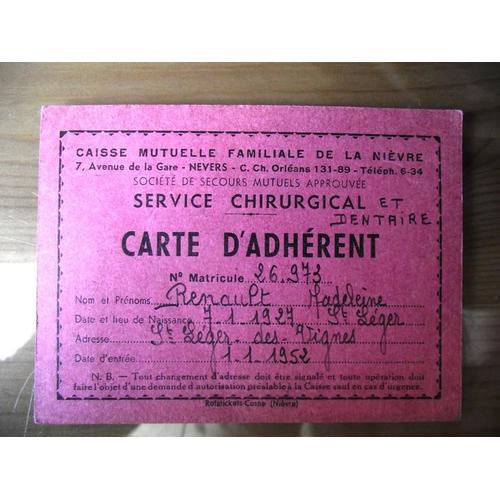 Carte D Adherent Caisse Mutuelle Familliale De La Nievre 1952 Rakuten