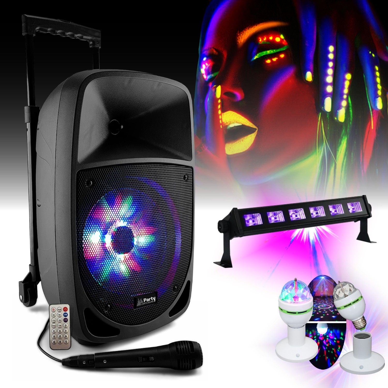 Enceinte Autonome sur batterie Karaoke Bluetooth USB Tuner 300W PARTY-8LED - Jeu Astro MAGIC-LIGHT-MICRO-S - Barre à LED UV 6x3W