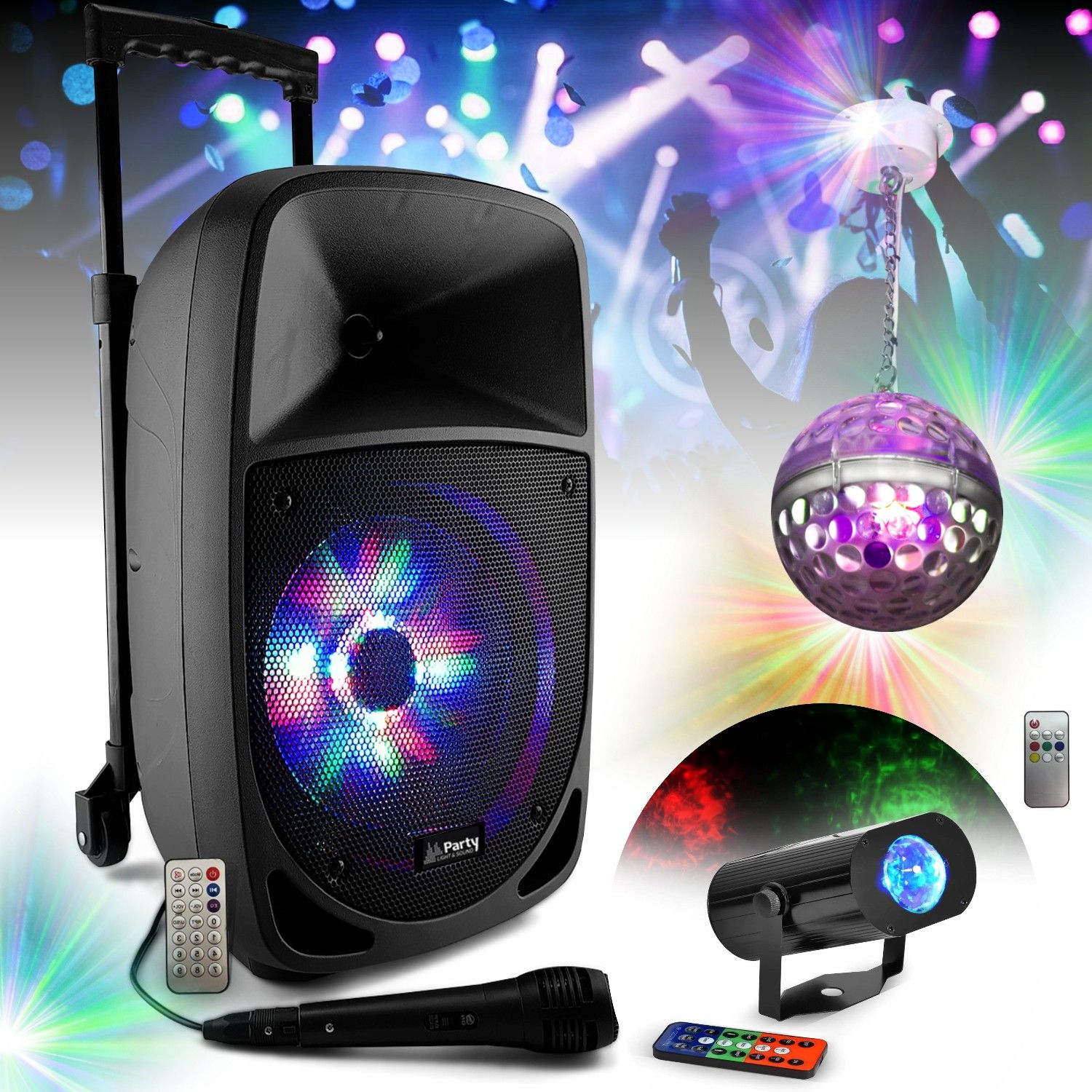 Enceinte Nomade sur batterie Bluetooth USB 300W PARTY-8LED Micro Tuner - Boule Disco ASTRO-BALL8 - Jeu lumière PARTY-MINIWAVE