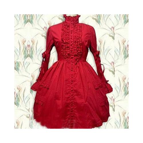 Robe Rouge Coton Manches Longues Evasees Boutons Rubans Jabot A Froufrous Col Releve Victorien Sweet Classic Lolita Poupee Doll Mode Japonaise Kawai Grandes Occasions Black Sugar Rakuten