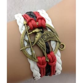 Bracelet Hunger Games Rouge Noir Et Blanc Avec Oiseau Geai Moqueur Bronze Strasspaillettes