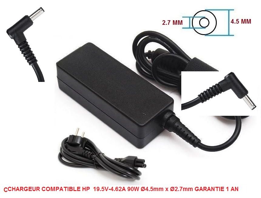 CHARGEUR ALIMENTATION COMPATIBLE POUR HP  19.5V-4.62A 90W / Ø4.5mm x Ø2.7mm GARANTIE 1 AN