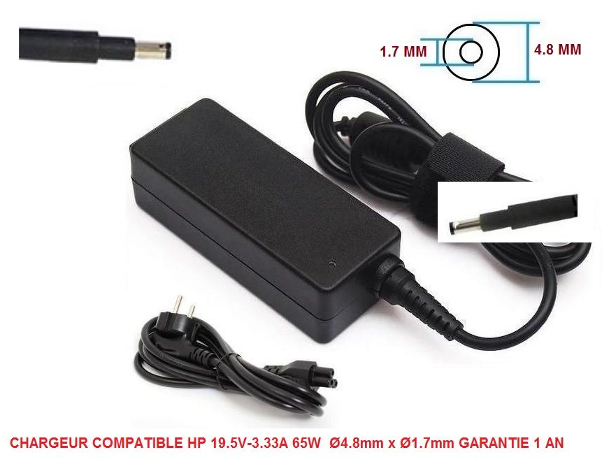 CHARGEUR ALIMENTATION COMPATIBLE POUR HP  19.5V-3.33A 65W / Ø4.8mm x Ø1.7mm GARANTIE 1 AN